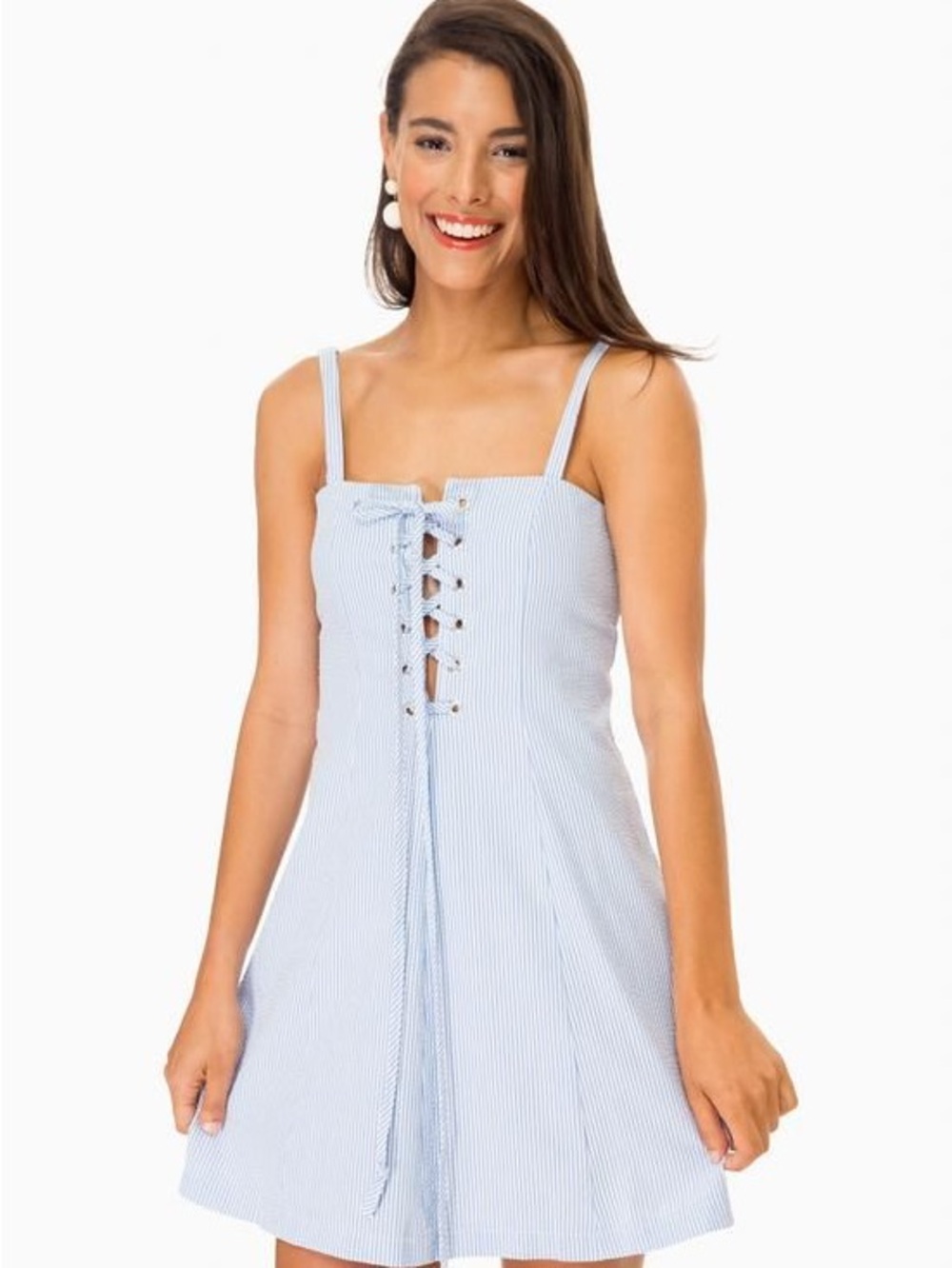 STAUD Light Blue Pinstripe Lace-Up Sundress